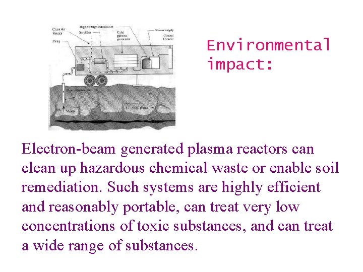 Environmental impact: Electron-beam generated plasma reactors can clean up hazardous chemical waste or enable