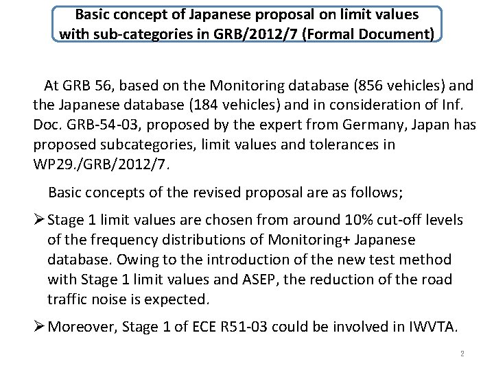 Basic concept of Japanese proposal on limit values with sub-categories in GRB/2012/7 (Formal Document)