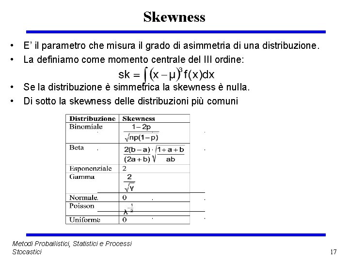 Skewness • E’ il parametro che misura il grado di asimmetria di una distribuzione.