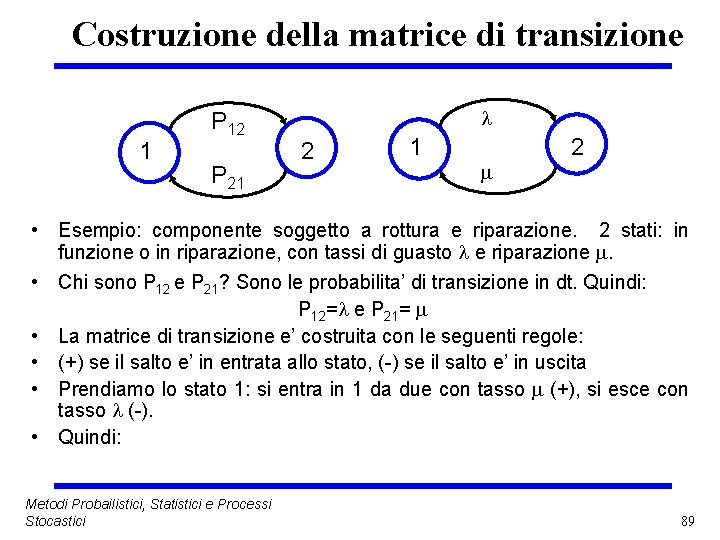 Costruzione della matrice di transizione 1 P 12 P 21 2 • Esempio: componente