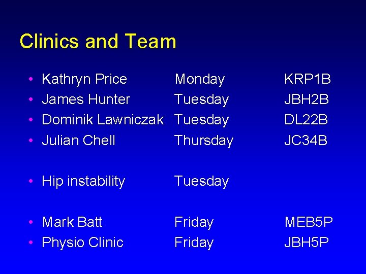 Clinics and Team • • Kathryn Price James Hunter Dominik Lawniczak Julian Chell Monday