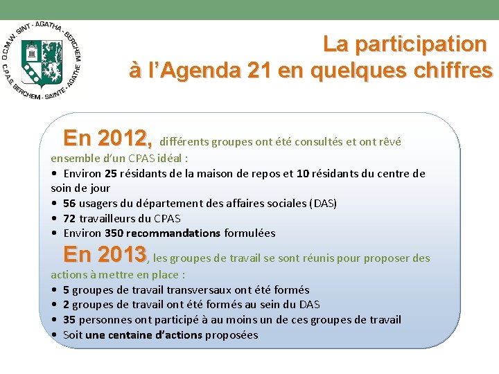 La participation à l’Agenda 21 en quelques chiffres En 2012, différents groupes ont été