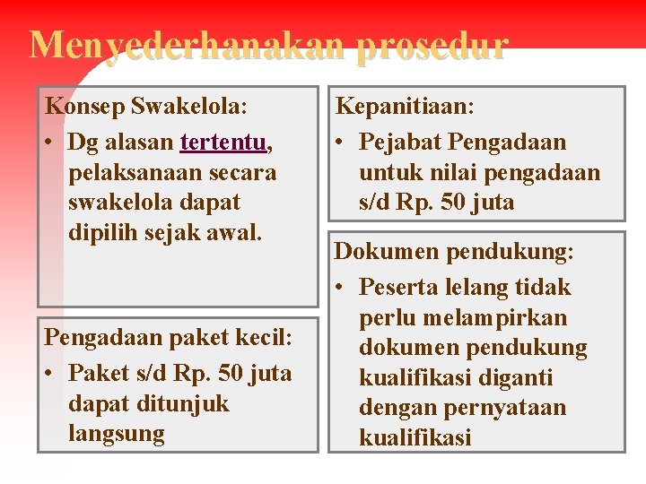 Menyederhanakan prosedur Konsep Swakelola: • Dg alasan tertentu, pelaksanaan secara swakelola dapat dipilih sejak