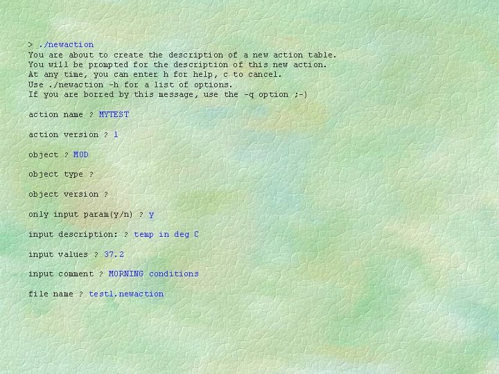 >. /newaction You are about to create the description of a new action table.
