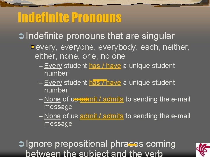Indefinite Pronouns Ü Indefinite pronouns that are singular every, everyone, everybody, each, neither, none,
