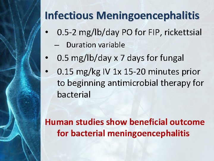 Infectious Meningoencephalitis • 0. 5 -2 mg/lb/day PO for FIP, rickettsial – Duration variable