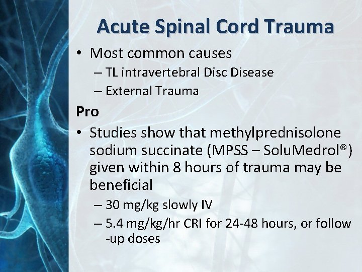 Acute Spinal Cord Trauma • Most common causes – TL intravertebral Disc Disease –