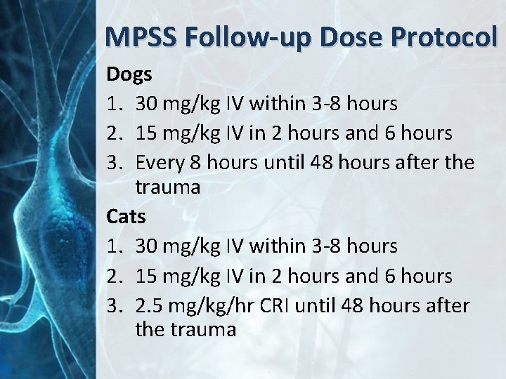 MPSS Follow-up Dose Protocol Dogs 1. 30 mg/kg IV within 3 -8 hours 2.