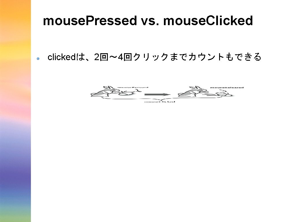 mouse. Pressed vs. mouse. Clicked clickedは、2回〜 4回クリックまでカウントもできる mouse. Pressed vs. mouse. Clicked clickedは、2回〜 4回クリックまでカウントもできる