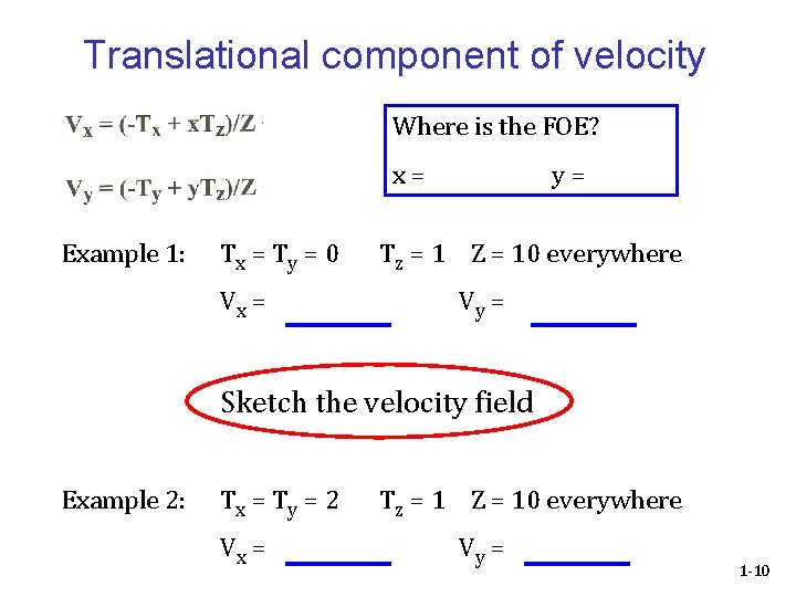 Translational component of velocity Where is the FOE? x= Example 1: Tx = T