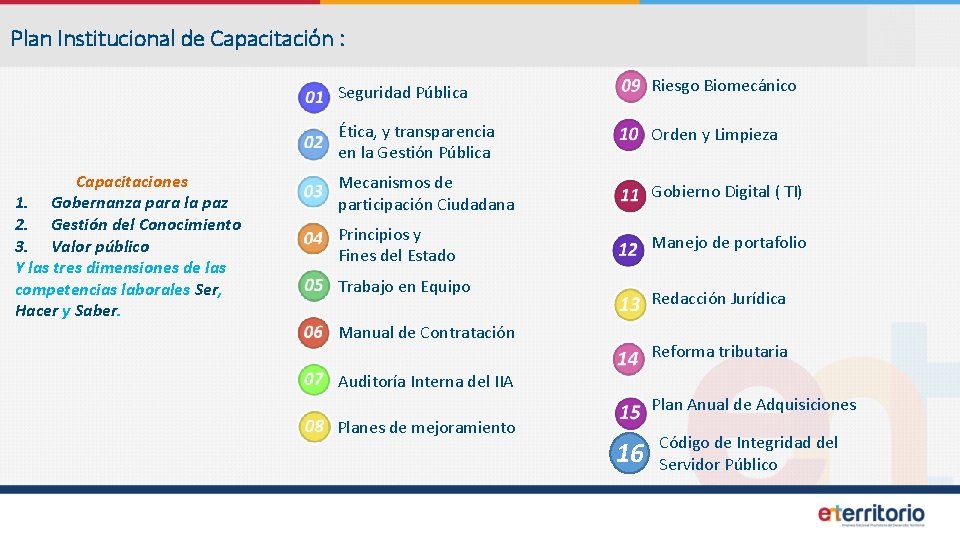 Plan Institucional de Capacitación : Capacitaciones 1. Gobernanza para la paz 2. Gestión del