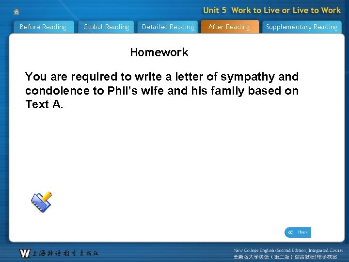 Before Reading Global Reading Detailed Reading After Reading Supplementary Reading Homework You are required