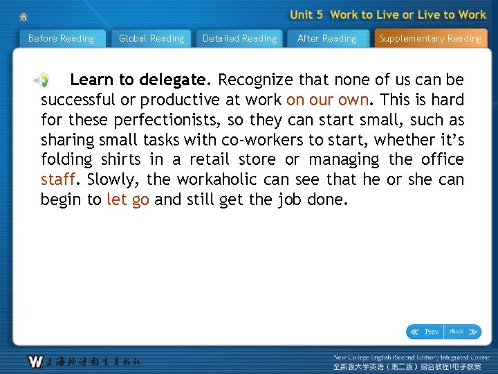 Before Reading Global Reading Detailed Reading After Reading Supplementary Reading Learn to delegate. Recognize