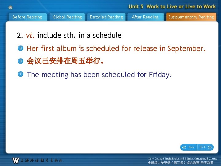 Before Reading Global Reading Detailed Reading After Reading Supplementary Reading 2. vt. include sth.