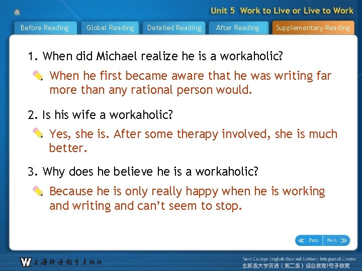 Before Reading Global Reading Detailed Reading After Reading Supplementary Reading 1. When did Michael