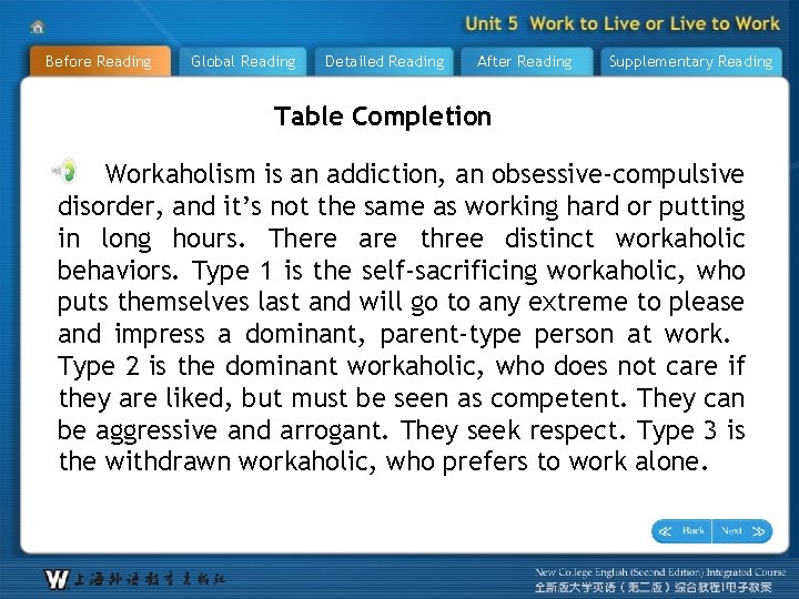 Before Reading Global Reading Detailed Reading After Reading Supplementary Reading Table Completion Workaholism is