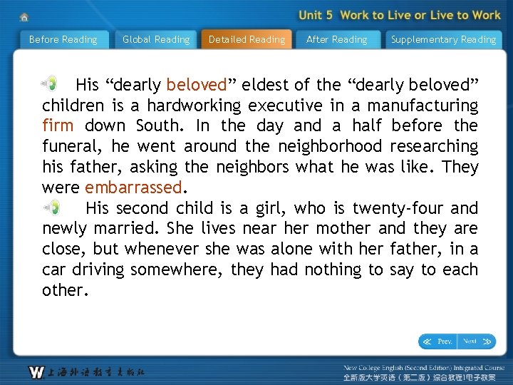 Before Reading Global Reading Detailed Reading After Reading Supplementary Reading His “dearly beloved” eldest