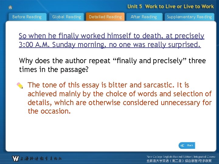 Before Reading Global Reading Detailed Reading After Reading Supplementary Reading So when he finally