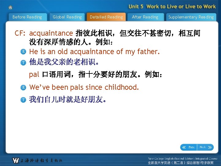 Before Reading Global Reading Detailed Reading After Reading Supplementary Reading CF: acquaintance 指彼此相识，但交往不甚密切，相互间 没有深厚情感的人。例如：