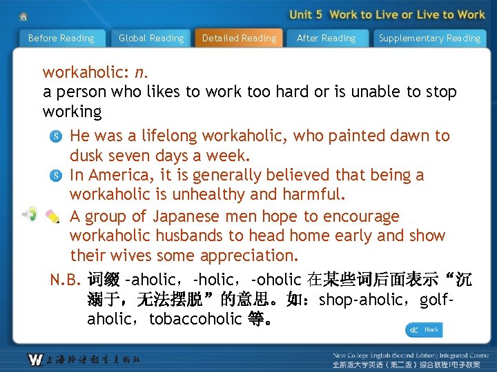 Before Reading Global Reading Detailed Reading After Reading Supplementary Reading workaholic: n. a person