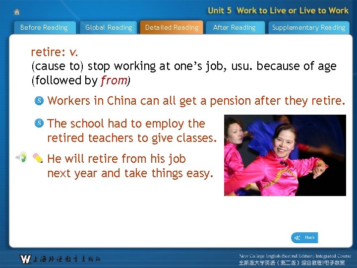 Before Reading Global Reading Detailed Reading After Reading Supplementary Reading retire: v. (cause to)