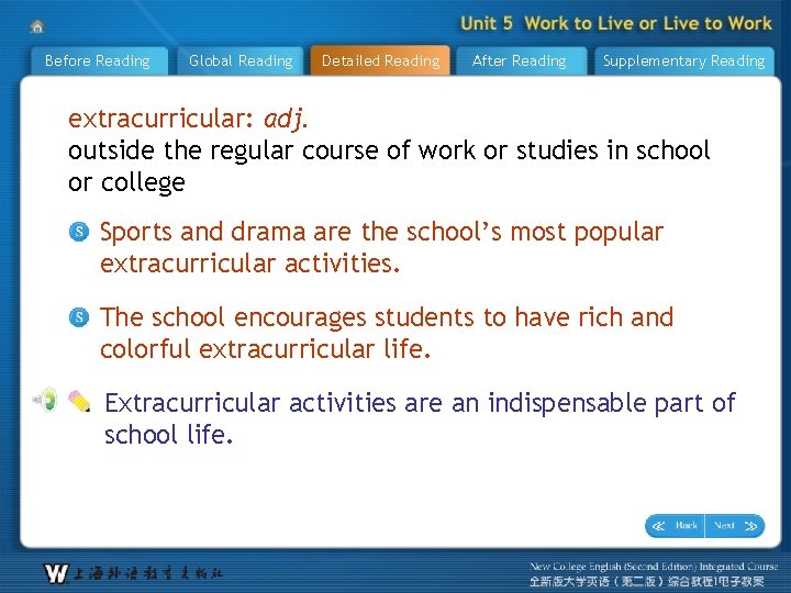 Before Reading Global Reading Detailed Reading After Reading Supplementary Reading extracurricular: adj. outside the