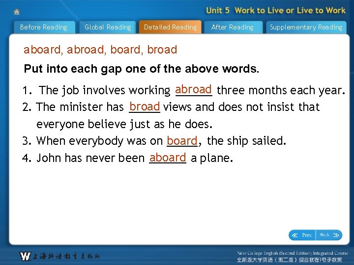 Before Reading Global Reading Detailed Reading After Reading Supplementary Reading aboard, abroad, board, broad