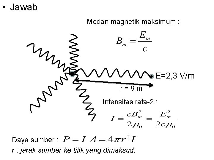  • Jawab Medan magnetik maksimum : E=2, 3 V/m r=8 m Intensitas rata-2