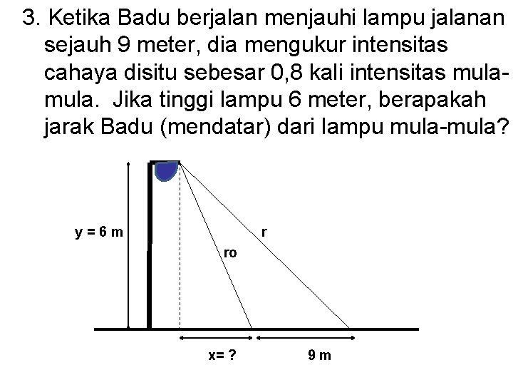 3. Ketika Badu berjalan menjauhi lampu jalanan sejauh 9 meter, dia mengukur intensitas cahaya