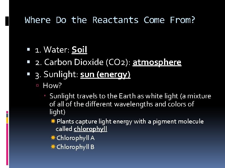 Where Do the Reactants Come From? 1. Water: Soil 2. Carbon Dioxide (CO 2):