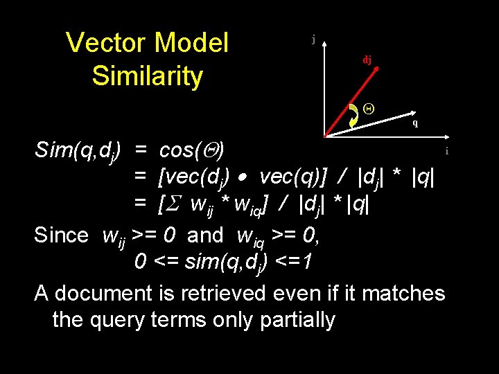 Vector Model Similarity j dj q i Sim(q, dj) = cos( ) = [vec(dj) Vector Model Similarity j dj q i Sim(q, dj) = cos( ) = [vec(dj)