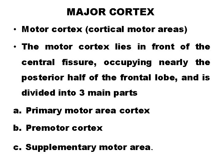 MAJOR CORTEX • Motor cortex (cortical motor areas) • The motor cortex lies in