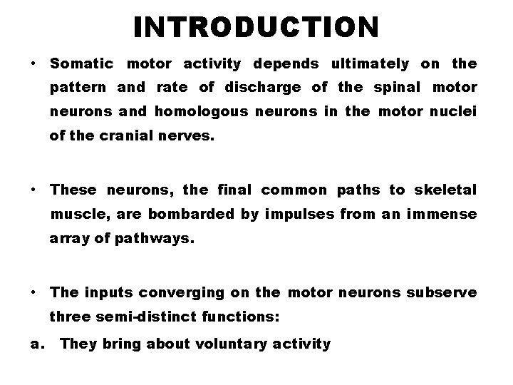 INTRODUCTION • Somatic motor activity depends ultimately on the pattern and rate of discharge