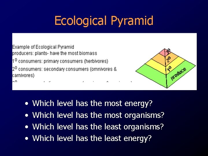 Ecological Pyramid • • Which level has has the the most energy? most organisms?