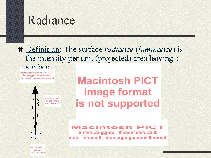 Radiance Definition: The surface radiance (luminance) is the intensity per unit (projected) area leaving