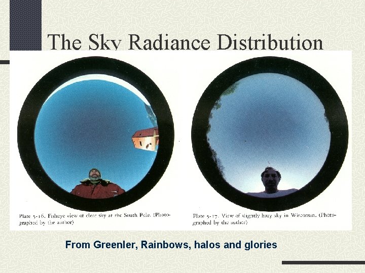 The Sky Radiance Distribution From Greenler, Rainbows, halos and glories 