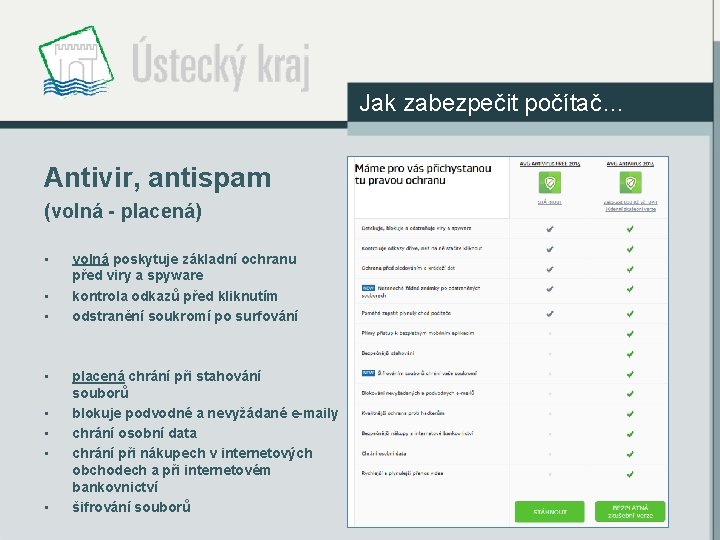 Jak zabezpečit počítač… Antivir, antispam (volná - placená) • • volná poskytuje základní ochranu