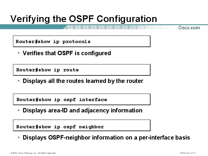 Verifying the OSPF Configuration Router#show ip protocols • Verifies that OSPF is configured Router#show