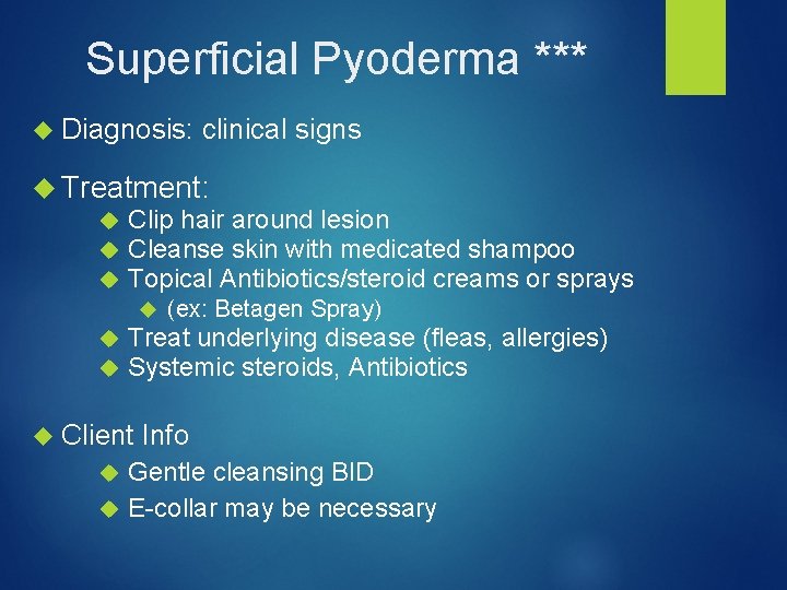 Superficial Pyoderma *** Diagnosis: clinical signs Treatment: Clip hair around lesion Cleanse skin with