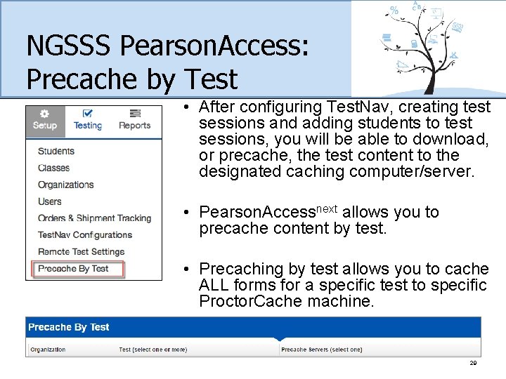 NGSSS Pearson. Access: Precache by Test • After configuring Test. Nav, creating test sessions