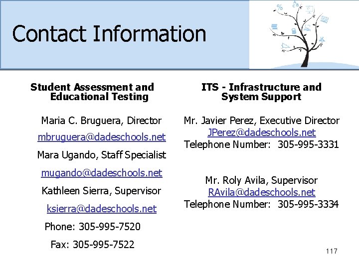 Contact Information Student Assessment and Educational Testing Maria C. Bruguera, Director mbruguera@dadeschools. net Mara
