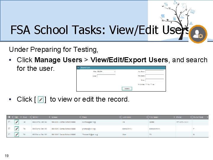FSA School Tasks: View/Edit Users Under Preparing for Testing, • Click Manage Users >