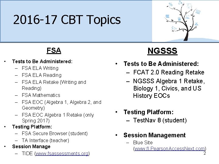 2016 -17 CBT Topics FSA • • • Tests to Be Administered: – FSA