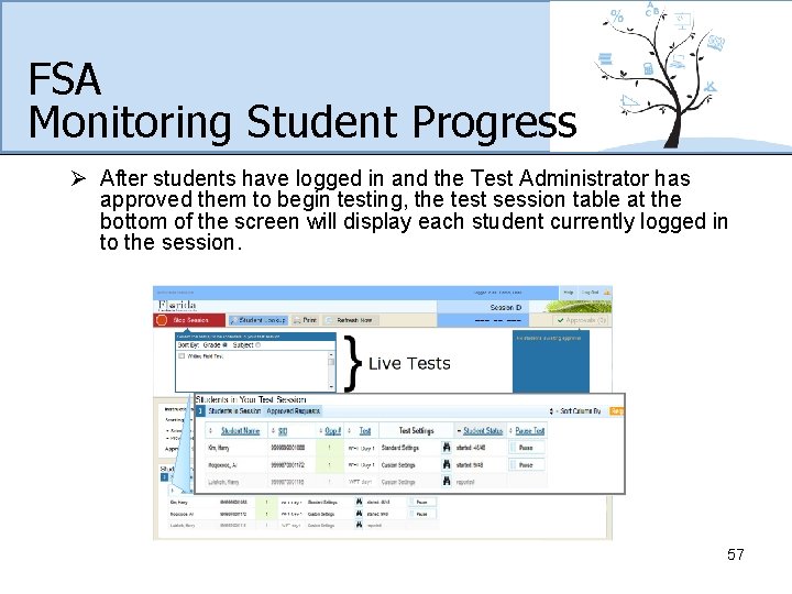 FSA Monitoring Student Progress Ø After students have logged in and the Test Administrator