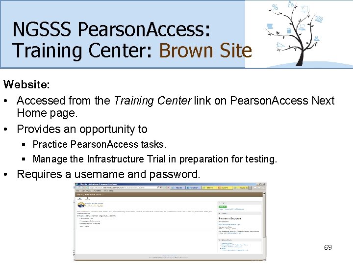 NGSSS Pearson. Access: Training Center: Brown Site Website: • Accessed from the Training Center