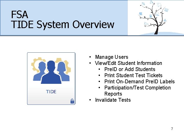 FSA TIDE System Overview • Manage Users • View/Edit Student Information • Pre. ID