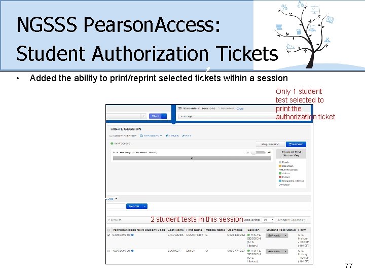 NGSSS Pearson. Access: Student Authorization Tickets • Added the ability to print/reprint selected tickets