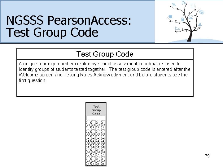 NGSSS Pearson. Access: Test Group Code A unique four-digit number created by school assessment