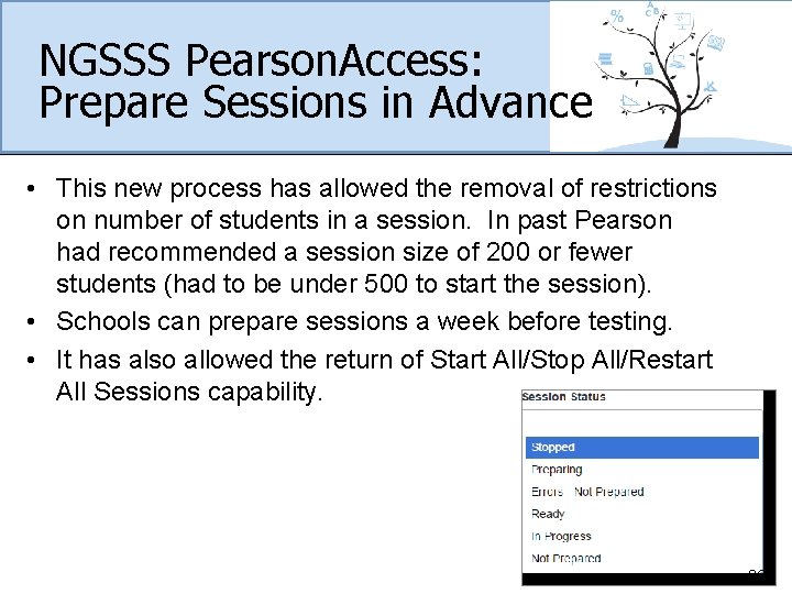NGSSS Pearson. Access: Prepare Sessions in Advance • This new process has allowed the