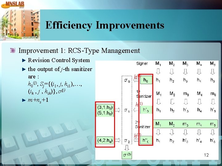 Efficiency Improvements Improvement 1: RCS-Type Management Revision Control System the output of j-th sanitizer